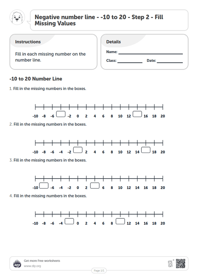 Negative number line - -10 to 20 - Step 2 - Fill Missing Values page 1