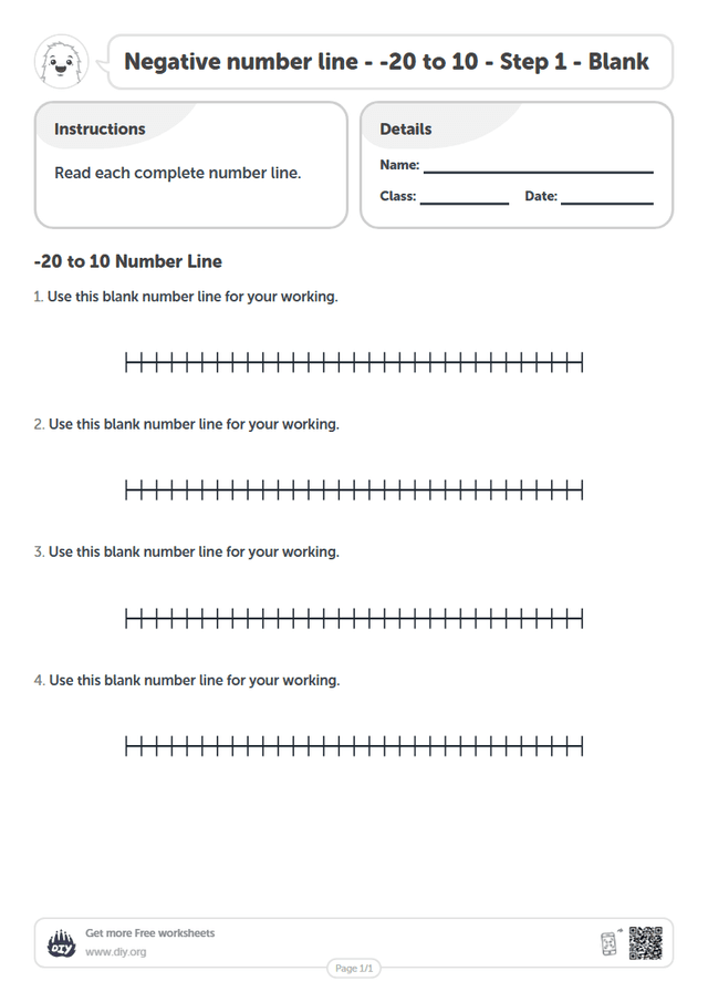 Negative number line - -20 to 10 - Step 1 - Blank page 1