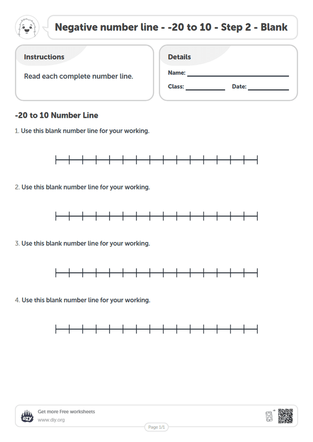Negative number line - -20 to 10 - Step 2 - Blank page 1