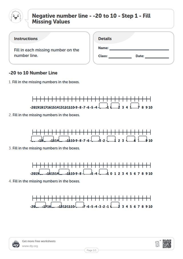 Negative number line - -20 to 10 - Step 1 - Fill Missing Values page 1