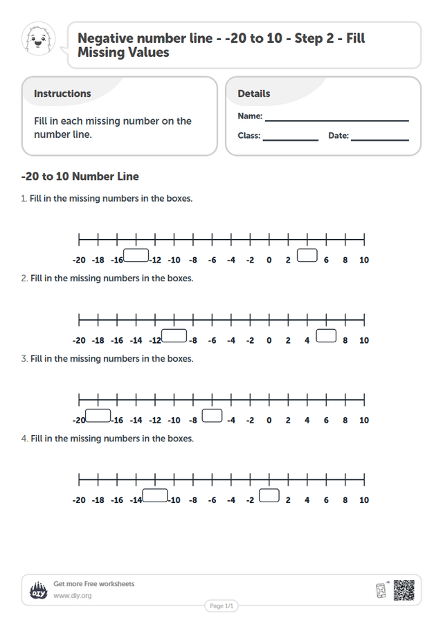Negative number line - -20 to 10 - Step 2 - Fill Missing Values page 1