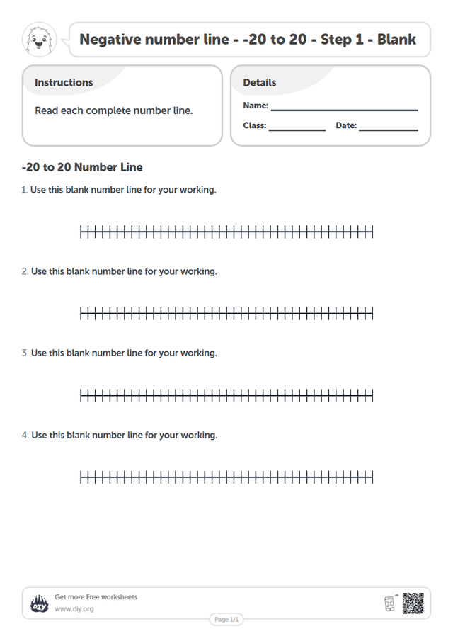 Negative number line - -20 to 20 - Step 1 - Blank page 1