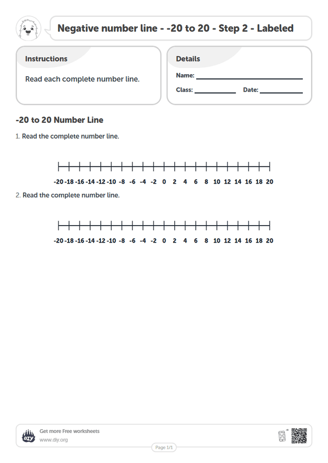 Negative number line - -20 to 20 - Step 2 - Labeled page 1