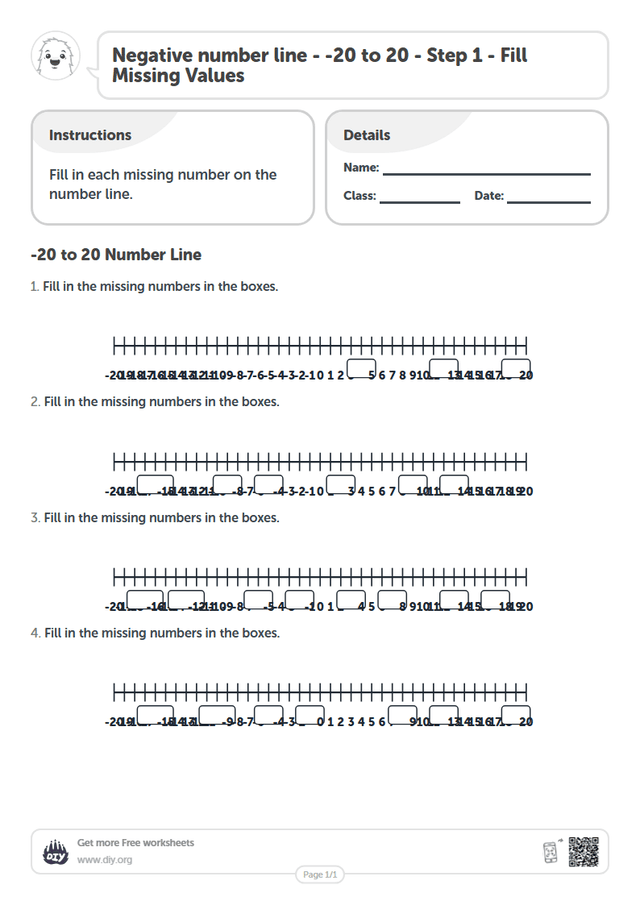 Negative number line - -20 to 20 - Step 1 - Fill Missing Values page 1