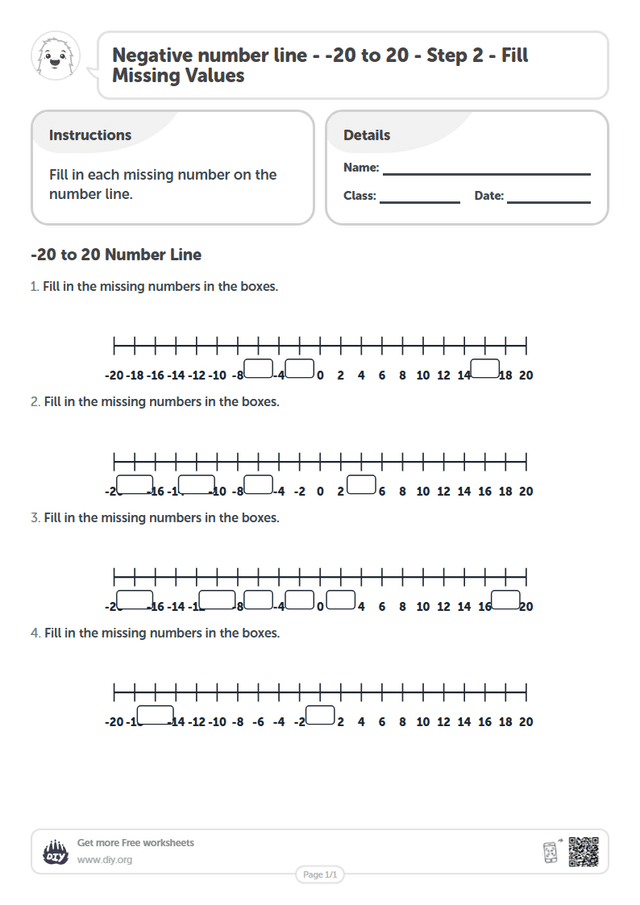 Negative number line - -20 to 20 - Step 2 - Fill Missing Values page 1