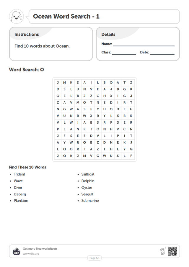 Ocean Word Search page 1