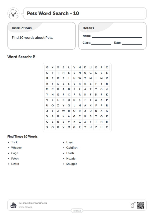 Pets Word Search page 1