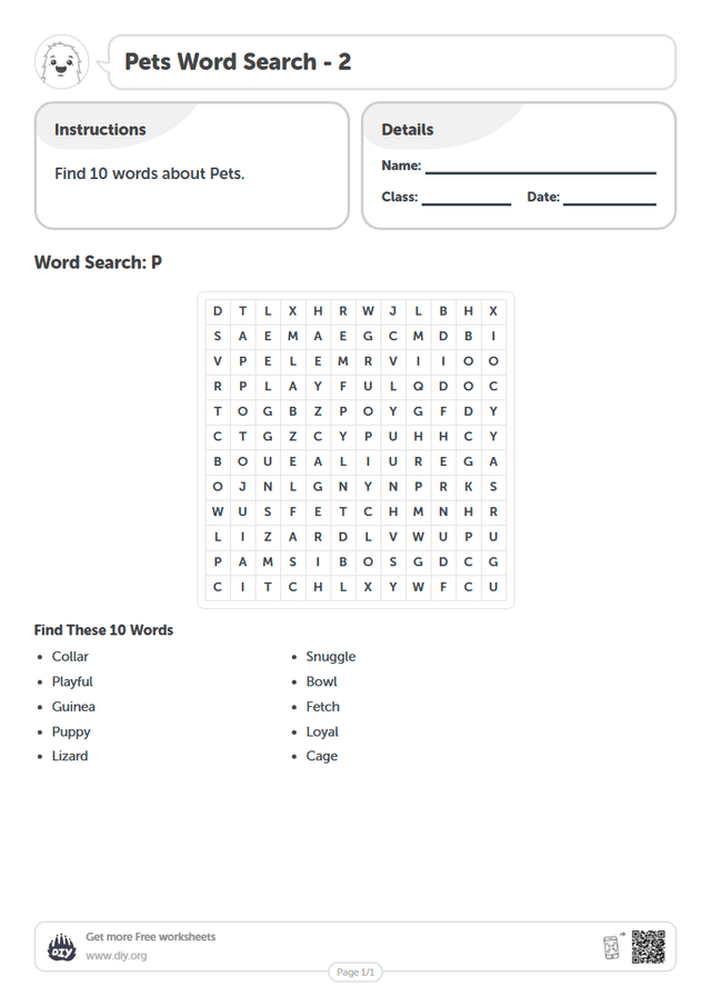 Pets Word Search page 1