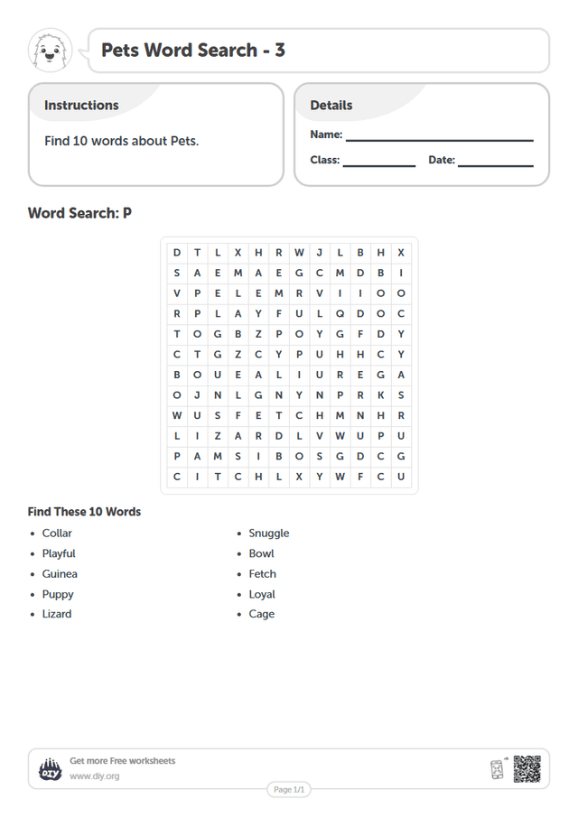 Pets Word Search page 1
