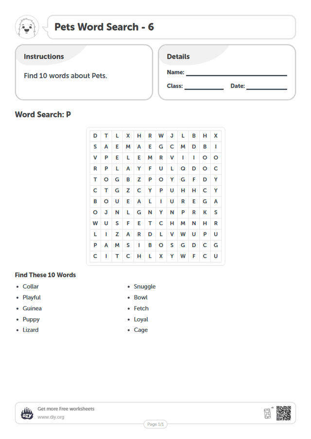 Pets Word Search page 1