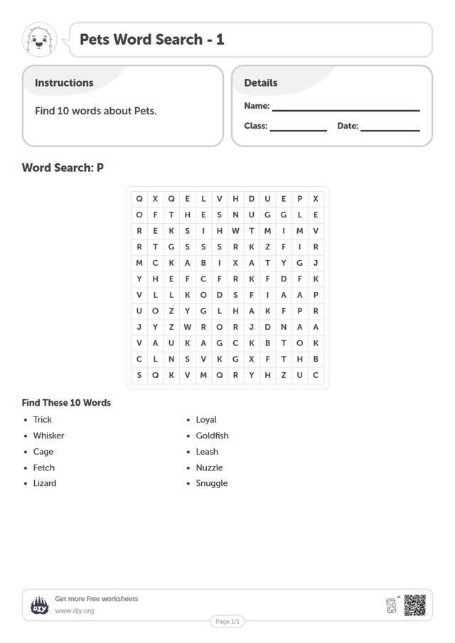 Pets Word Search page 1