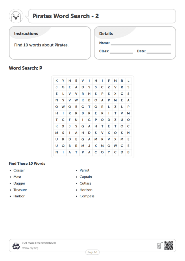 Pirates Word Search page 1