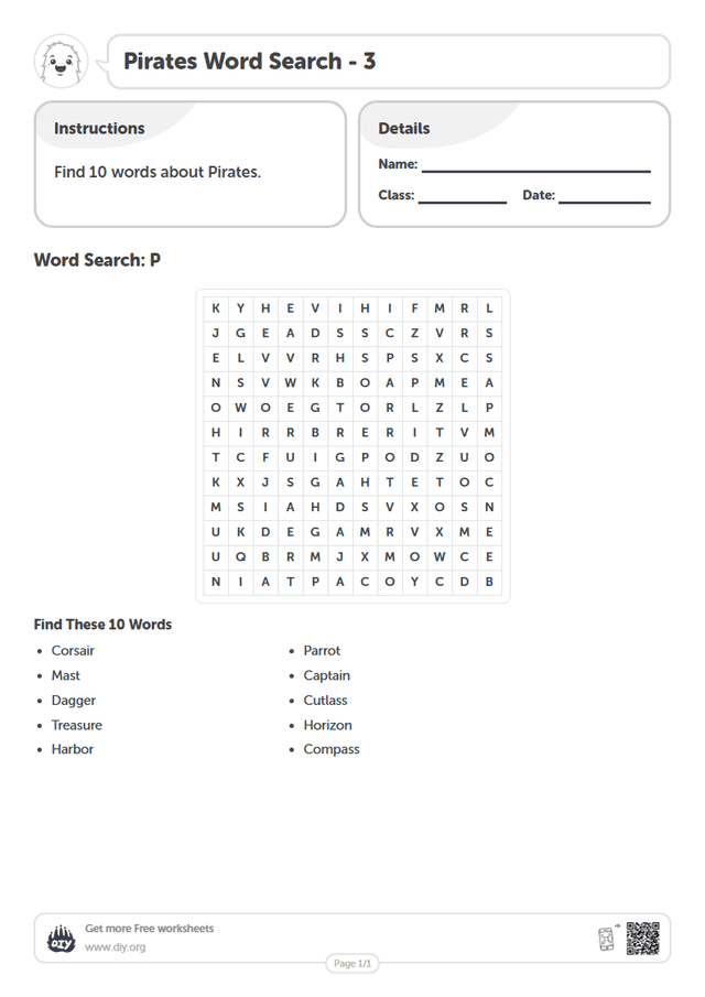 Pirates Word Search page 1
