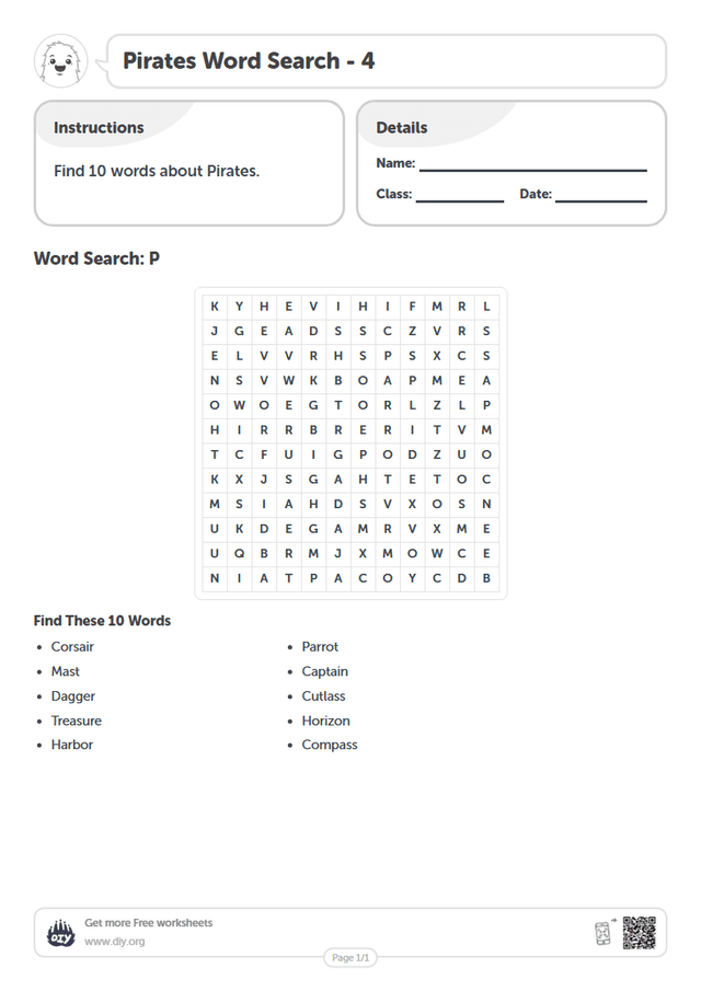 Pirates Word Search page 1