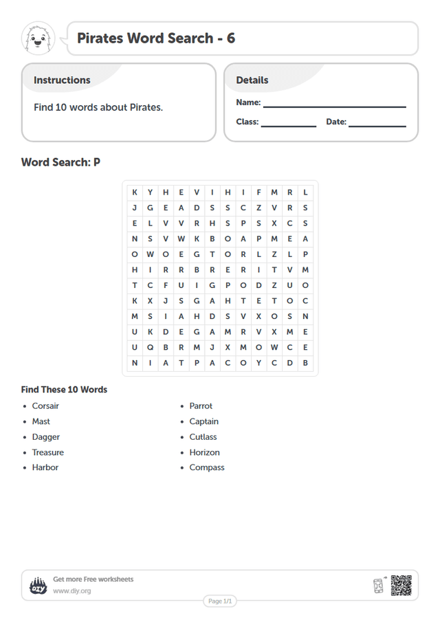 Pirates Word Search page 1