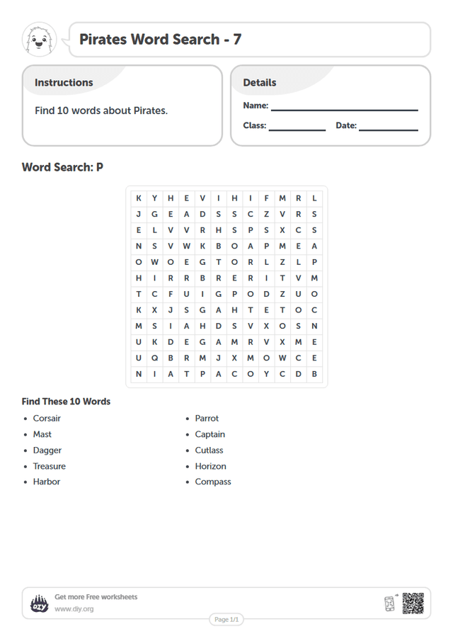 Pirates Word Search page 1