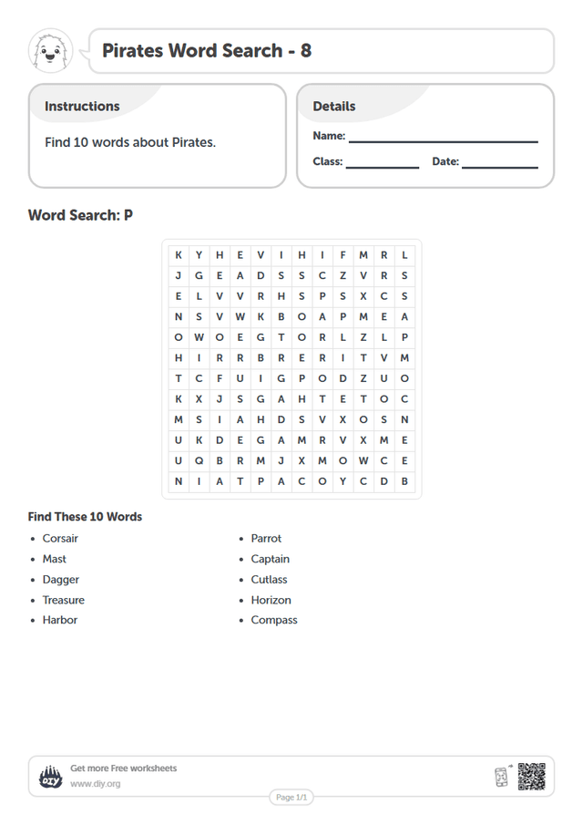 Pirates Word Search page 1