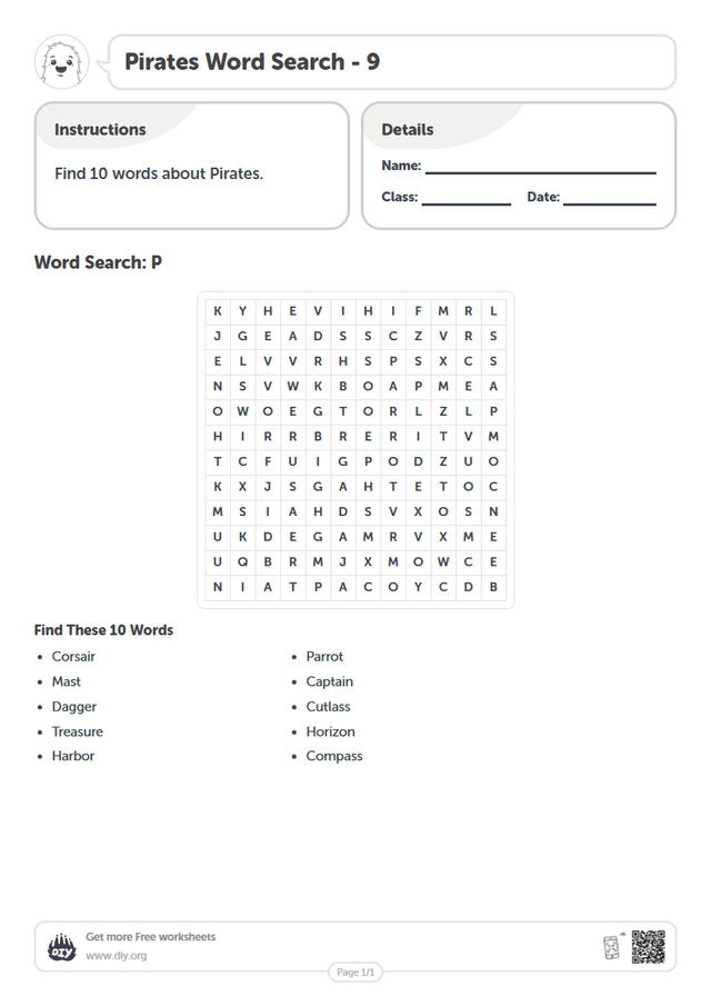 Pirates Word Search page 1