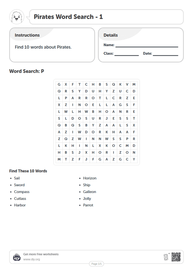 Pirates Word Search page 1