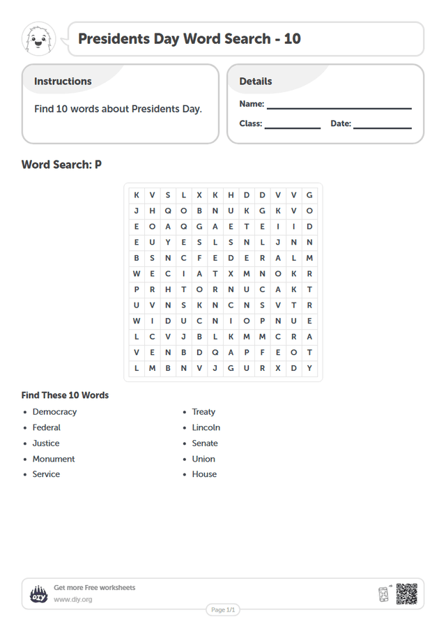 Presidents Day Word Search page 1