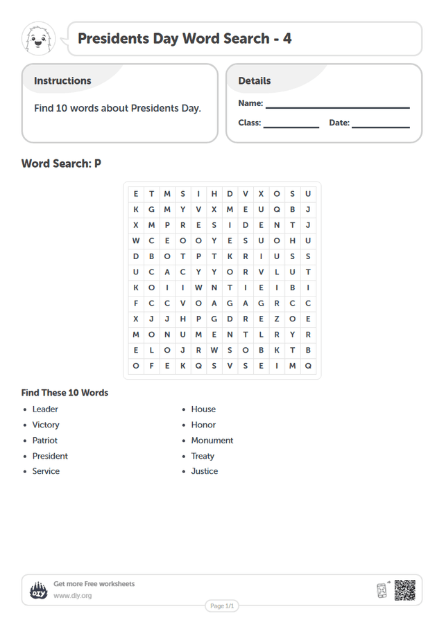 Presidents Day Word Search page 1