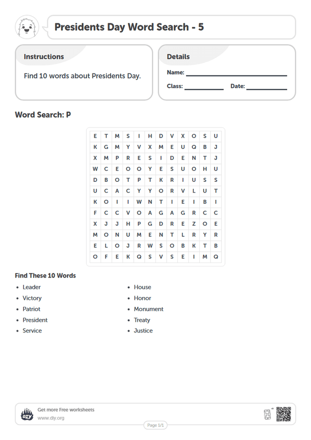 Presidents Day Word Search page 1