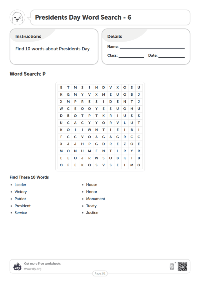 Presidents Day Word Search page 1