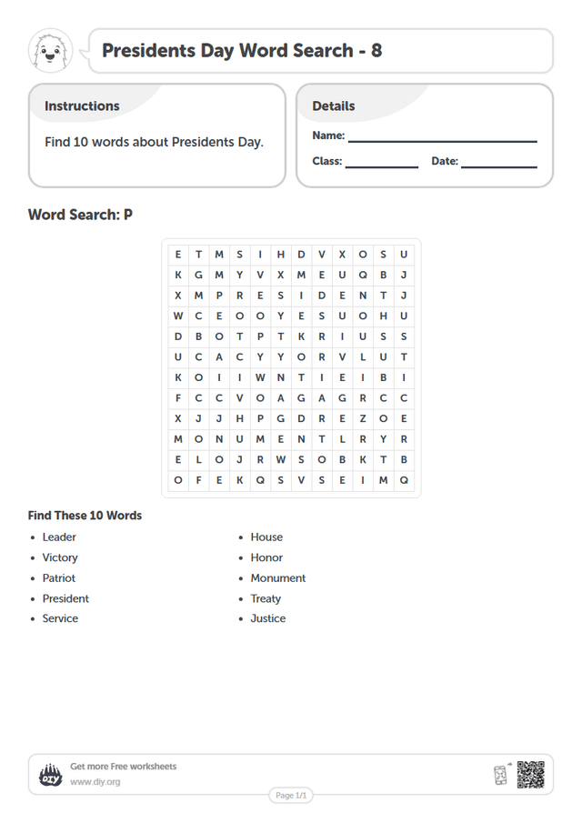 Presidents Day Word Search page 1