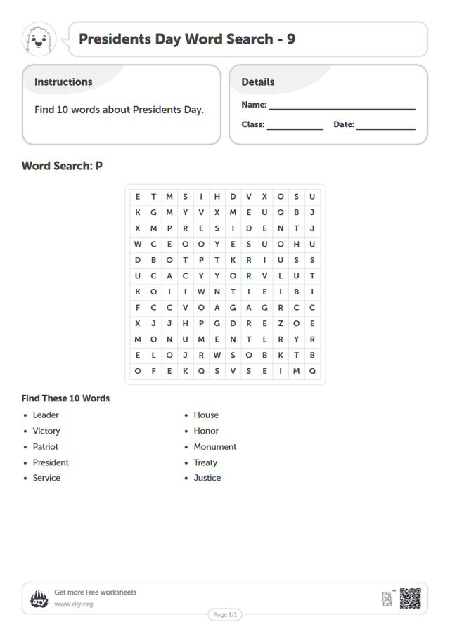 Presidents Day Word Search page 1