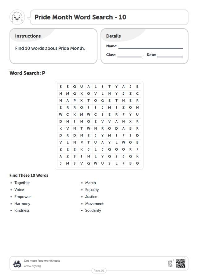 Pride Month Word Search page 1