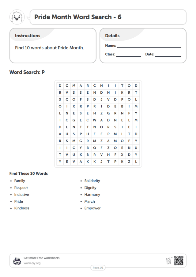 Pride Month Word Search page 1