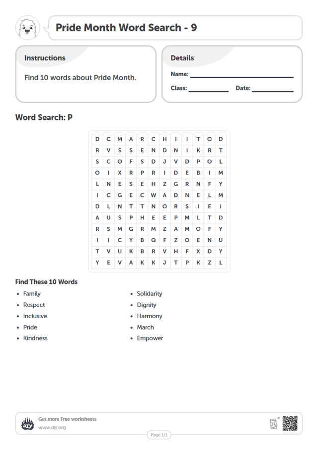 Pride Month Word Search page 1