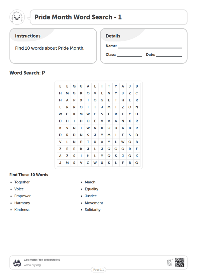 Pride Month Word Search page 1