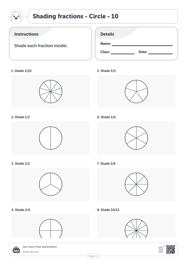 Shading fractions - Circle - 10 page 1