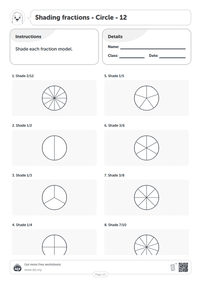 Shading fractions - Circle - 12 page 1