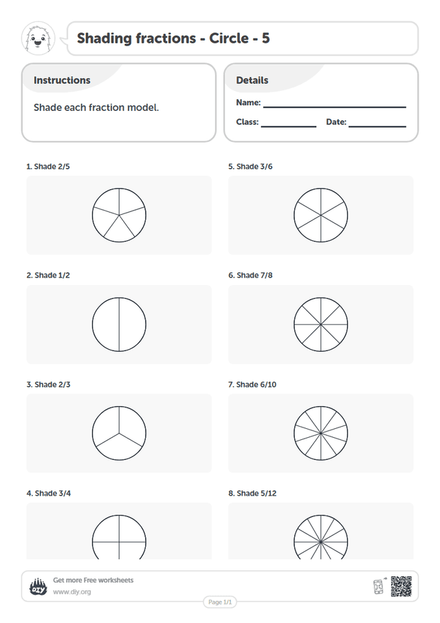 Shading fractions - Circle - 5 page 1