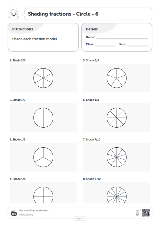 Shading fractions - Circle - 6 page 1
