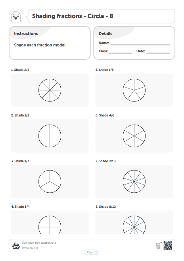 Shading fractions - Circle - 8 page 1
