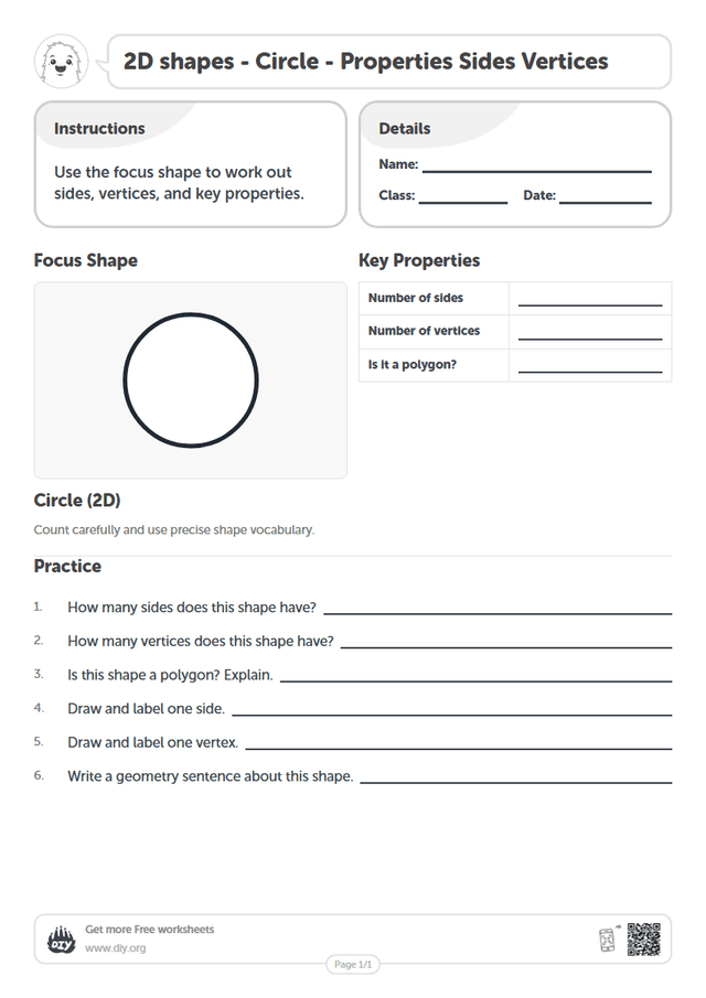 2D shapes - Circle - Properties Sides Vertices page 1