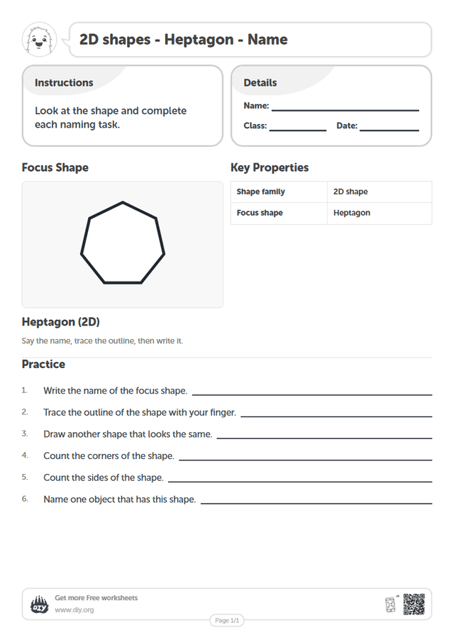 2D shapes - Heptagon - Name page 1