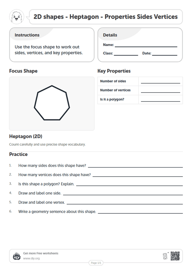 2D shapes - Heptagon - Properties Sides Vertices page 1