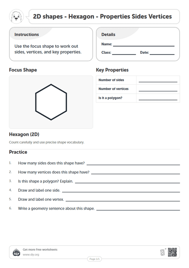 2D shapes - Hexagon - Properties Sides Vertices page 1