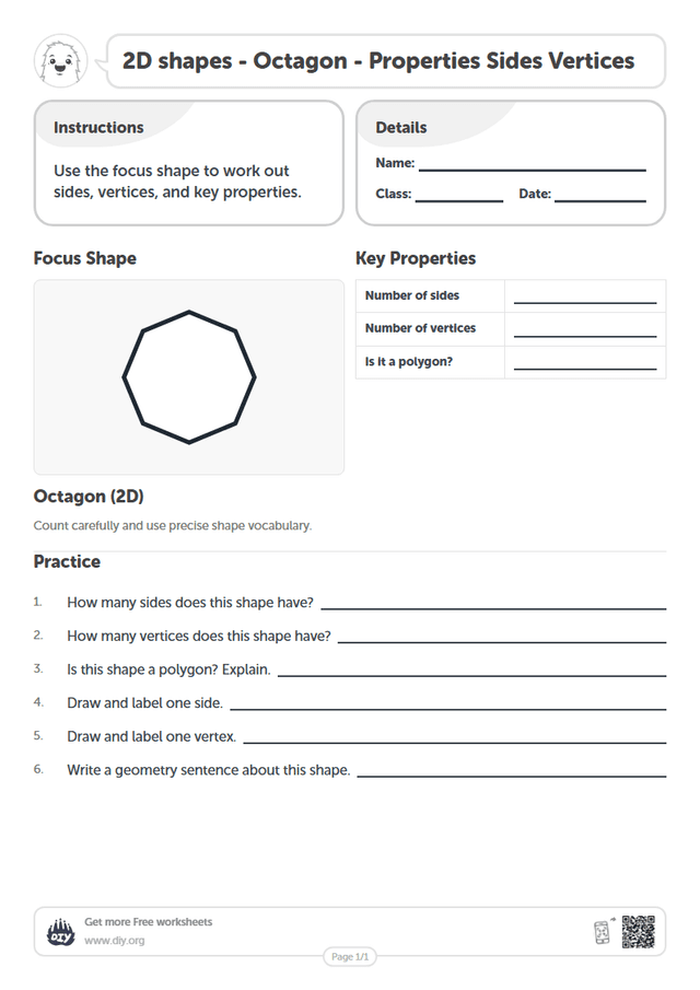 2D shapes - Octagon - Properties Sides Vertices page 1