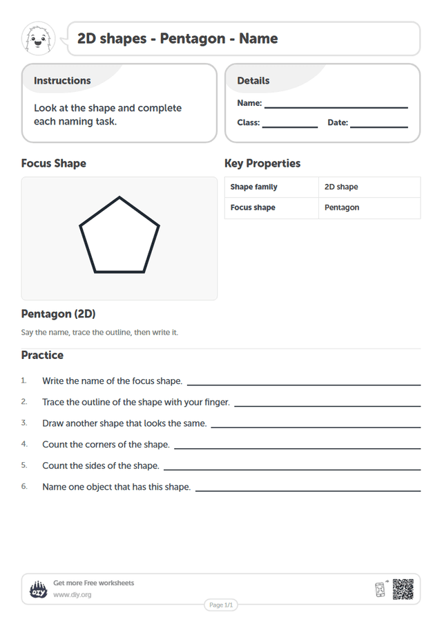 2D shapes - Pentagon - Name page 1