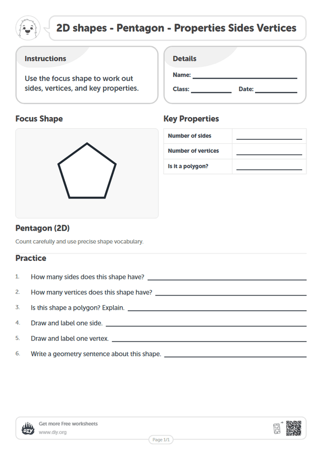 2D shapes - Pentagon - Properties Sides Vertices page 1