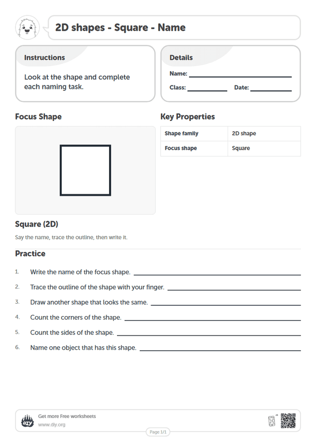 2D shapes - Square - Name page 1