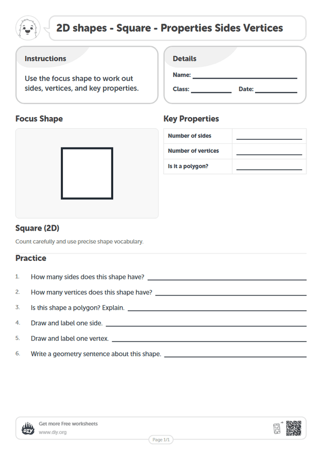 2D shapes - Square - Properties Sides Vertices page 1