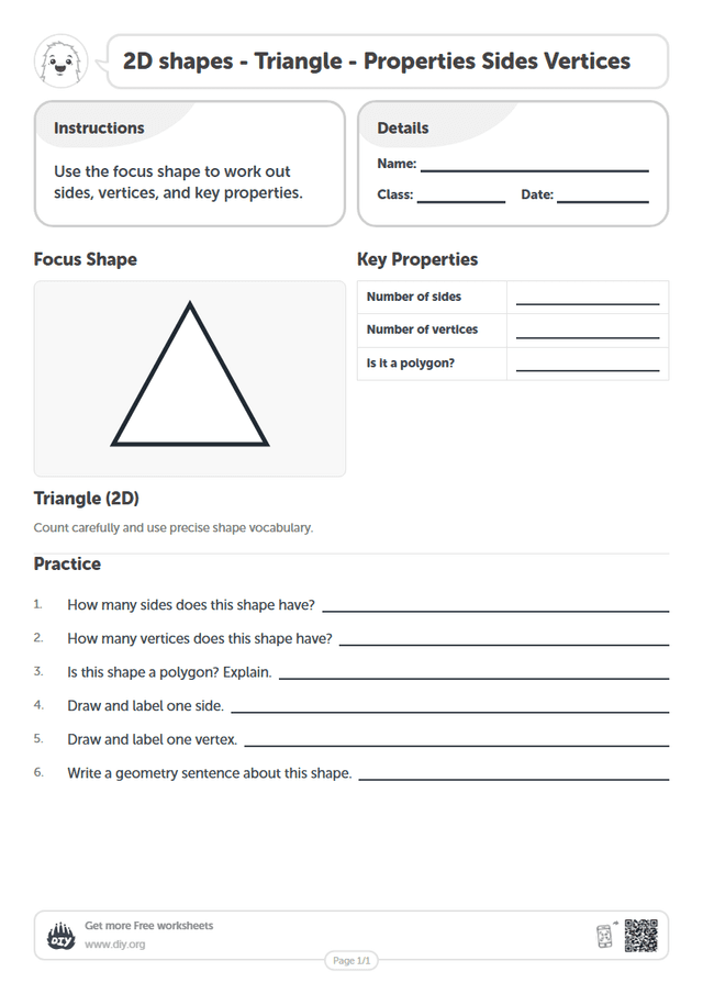2D shapes - Triangle - Properties Sides Vertices page 1