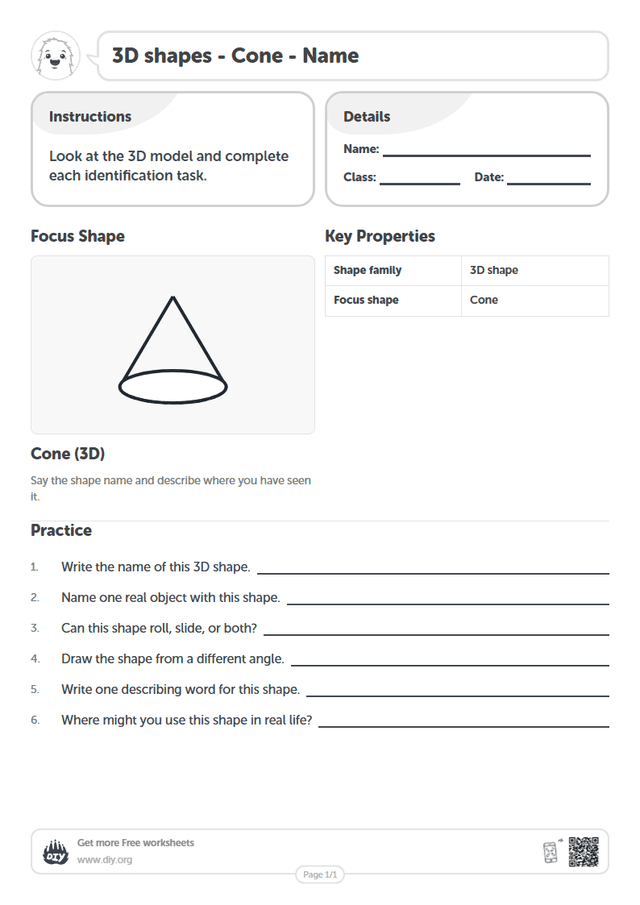3D shapes - Cone - Name page 1
