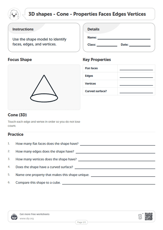 3D shapes - Cone - Properties Faces Edges Vertices page 1
